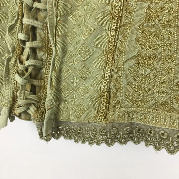 Vintage Green Embroidered Cropped Corset Renaissance Tank Top Forest Fairy - Picture 6 of 13